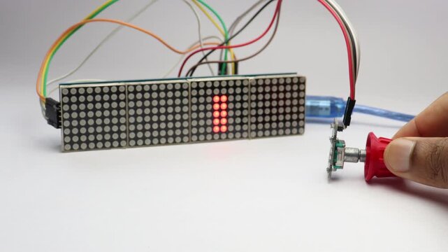 LED red dot matrix display with moving LED matrix controlled by rotating the rotary encoder knob