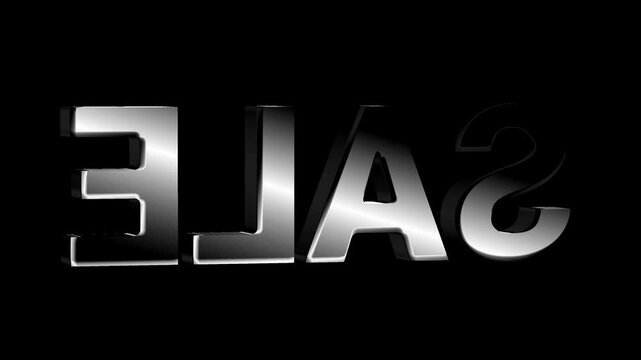 3d metallic silver chrome text sale sign rotating on black background with reflecting surface for commercial discount retail marketing video