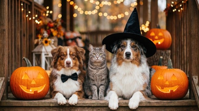 Halloween pets australian shepherds and cat with pumpkins and festive decorations