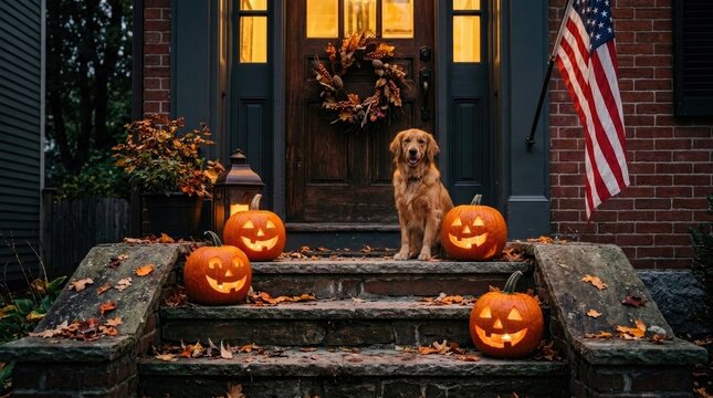 Golden retriever sitting on stone steps with jack o' lanterns for halloween