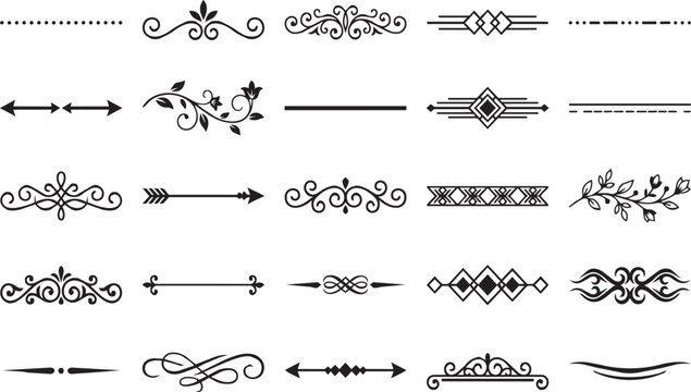 A collection of black ornate dividers and decorative elements is neatly arranged on a white background.