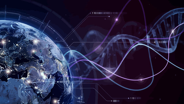 Earth planet with circuit board and DNA helix in space with binary code  futuristic technology concept
