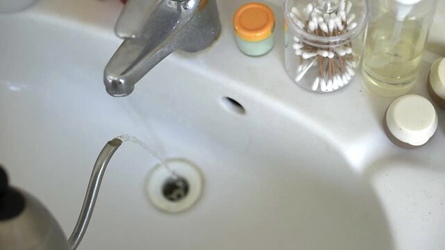 A close-up high-angle shot shows hot water being poured from a metal gooseneck spout into a white bathroom sink drain. The stream flows down to clear a clog or clean the pipes.
