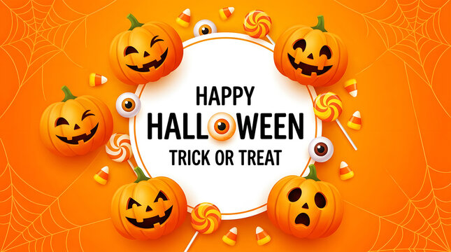 Happy halloween trick or treat with cute cartoon pumpkins and ghosts on orange background
