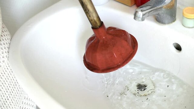 A close-up shot shows a hand using a rubber plunger to clear a clogged bathroom sink filled with water. The manual pumping motion forcefully pushes the tool over the drain.