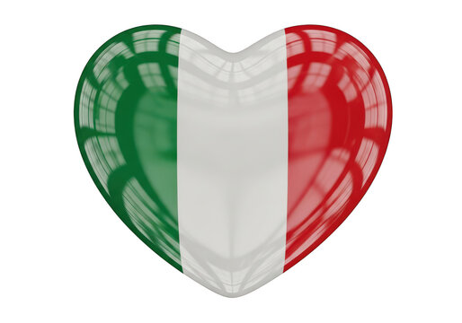 A glossy 3d heart shape featuring the tricolor flag of italy with green, white, and red stripes, isolated on a solid black background