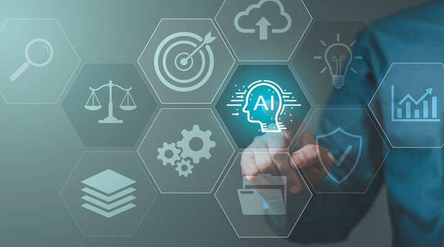 Businessman touching AI brain icon with legal tech hexagons. Concept of compliance, strategic goal setting, risk management, and artificial intelligence for corporate law firm.