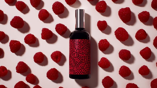 Perfume bottle with red label surrounded by fresh raspberries on light background