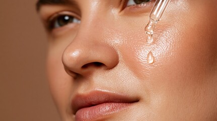 Fototapeta premium Skincare routine with woman applying cosmetic serum to her glowing facial skin beauty