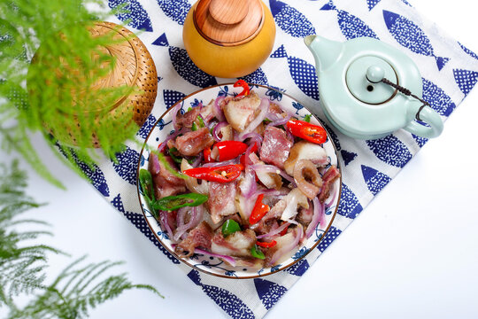 Stir Fried Pork with Red Onions and Chili Peppers, Top View