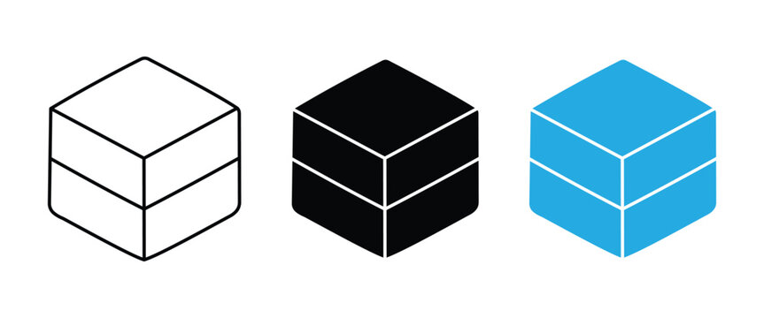 Isometric Cube Vector Icon Set, 3D Box Outline and Solid Block Geometry Collection Isolated on White Background
