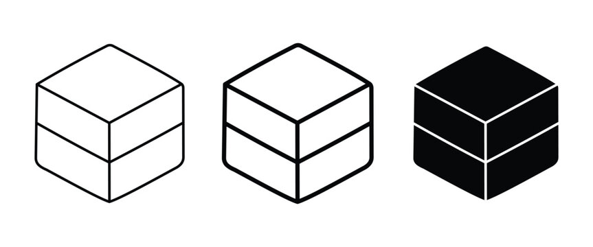 Isometric Cube Vector Icon Set, 3D Box Outline and Solid Block Geometry Collection Isolated on White Background