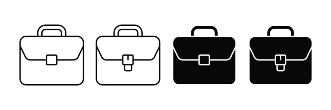 Briefcase Vector Icon Set, Business Office Bag Outline and Silhouette Collection, Professional Handbag Symbols Isolated on White Background