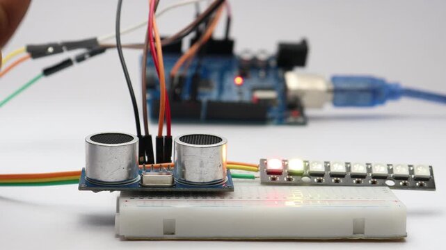 Ultrasonic distance sensor when detects an obstacle glows the LED strip controlled by a programmable micro controller on the background