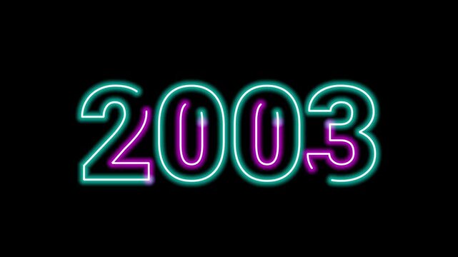 Glowing neon sign number 2003 year typography display text graphic on black background loop for retro video intro title animation