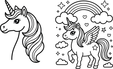 Cute unicorn coloring book page with a flying alicorn under a rainbow and a profile portrait illustration © Mucha
