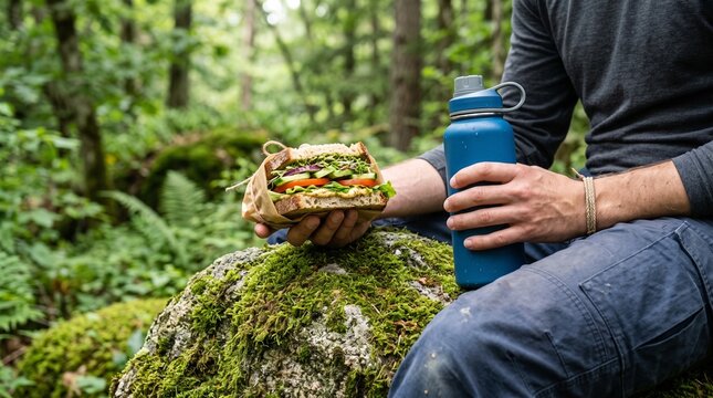 Man hiker eating healthy sandwich and drinking water during rest on mossy rock in forest. Outdoor lunch during hiking trail trip.
