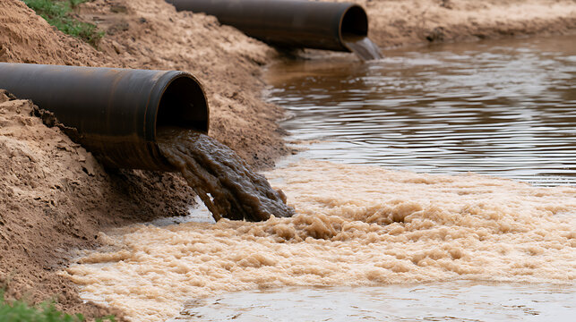 Industrial discharge pipe pollute water, environmental contamination, eco crisis, toxic waste, impact nature, muddy liquid effluent