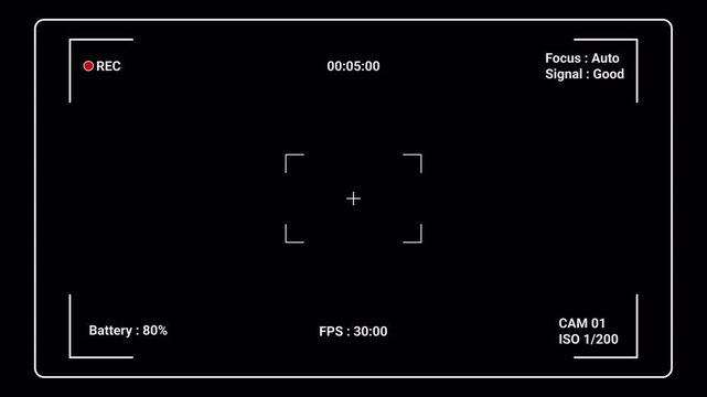 CCTV Surveillance Interface Overlay with Digital Recording Frame, Timecode, and Status UI Elements for Security Camera Viewfinder Simulation on Black Background 4k video