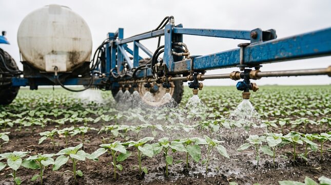 Tractor with sprayer system watering young sunflower field. Modern agricultural equipment in operation. Effective irrigation and fertilization process for industrial crop cultivation.
