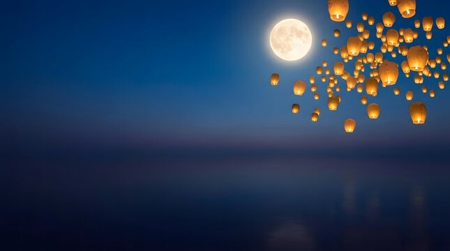 Sky lantern festival with full moon nighttime celebration and wishes