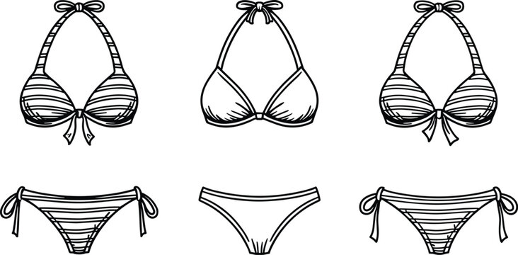 Set of black and white bikini icons featuring various swimsuit styles and striped patterns isolated on white background