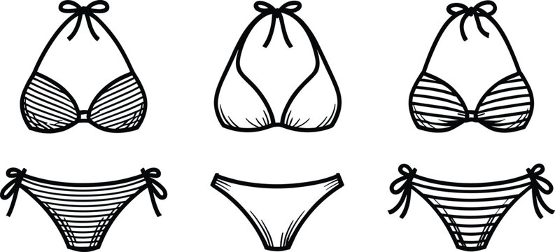 Set of black and white bikini icons featuring different swimsuit styles and striped patterns isolated on white background