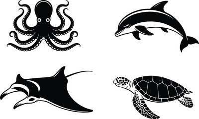 Set of black sea animal silhouettes featuring octopus dolphin manta ray and sea turtle isolated on white background © Mucha