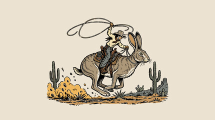 Vintage western cowboy riding a giant jackrabbit through desert with lasso, retro graphic illustration for t-shirt design and western branding © Rizky Fadel