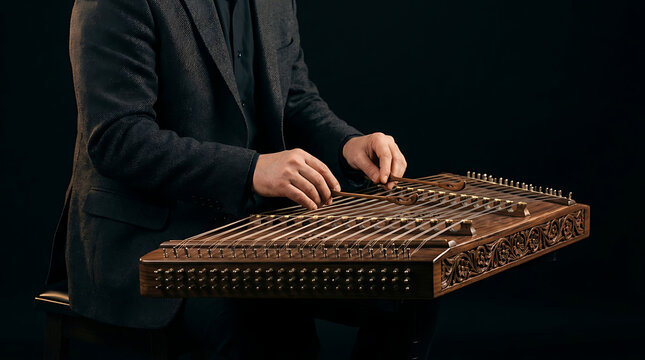 Musician playing a dulcimer in a professional studio setting, showcasing a beautiful stringed instrument