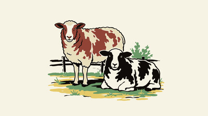 Rustic vintage sheep standing and lying by a wooden fence, retro hand-drawn farm illustration for organic branding and rural textile design © Rizky Fadel
