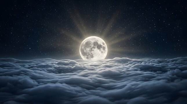 Full moon rising above cloudscape at night dramatic celestial scene