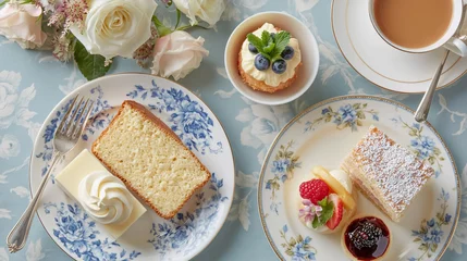 Afternoon tea service with various sweet pastries, a slice of pound cake, and a cup of warm tea on a patterned tablecloth © Anneleven
