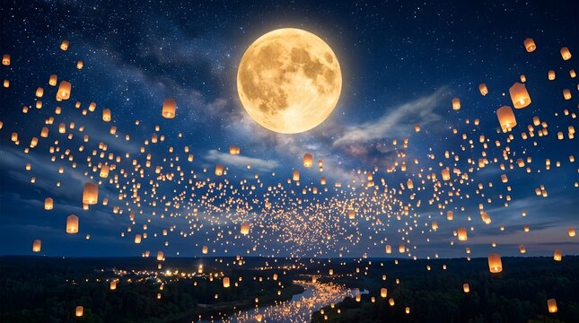 Lantern festival with full moon night sky celebration and wishes