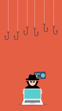 Hacker with laptop computer stealing confidential data, personal information and credit card detail. Hacking concept.