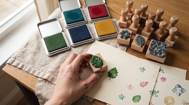 Hand using rubber stamps with ink pads on paper with ink pads on wooden table  