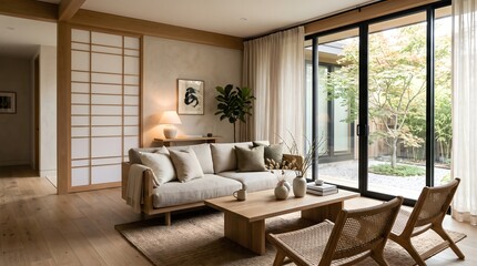 Fototapeta premium Modern living room with sliding glass doors, wooden furniture, and minimalist.