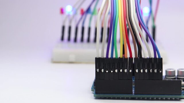 LED or the light emitting diodes are glowing in the background with focus on the jumper cables connected to micro controller board pins
