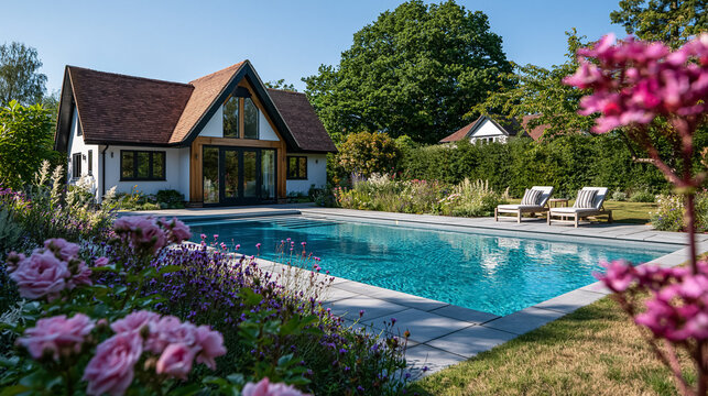 Modern luxury house with outdoor swimming pool, lounge chairs, and beautiful blooming flowers in a summer garden setting