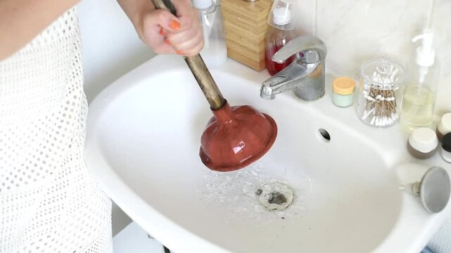 A close-up shot captures a woman using a rubber plunger to clear a clogged bathroom sink. Her hands vigorously pump the wooden handle over the ceramic drain.