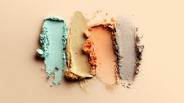 Eyeshadow pigment swatches arranged in a row, showing a variety of colors and textures for makeup and beauty themes