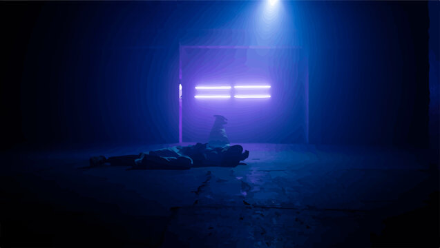 Person lying on floor in dark room with glowing purple neon frame lighting and thick smoke silhouette abstract atmosphere dramatic electric performance contrast minimalist conceptual