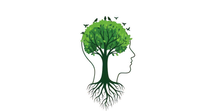 A conceptual of a human head silhouette containing a green tree with roots and small birds, isolated on black background