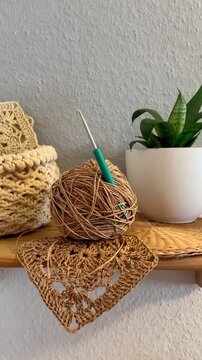 Wooden shelf with rafia yarn and green houseplan 