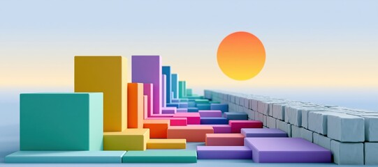 Fototapeta premium Modular innovation blocks unable to connect across barrier in pastel panoramic scene