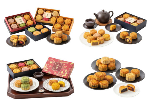 A collection of various traditional chinese mooncakes in gift boxes and on plates with a teapot isolated on a solid black background