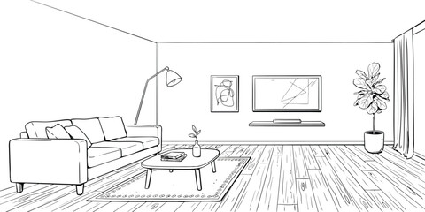 Fototapeta premium Minimalist living room interior sketch, modern lounge line art vector, contemporary home furniture outline with sofa and television