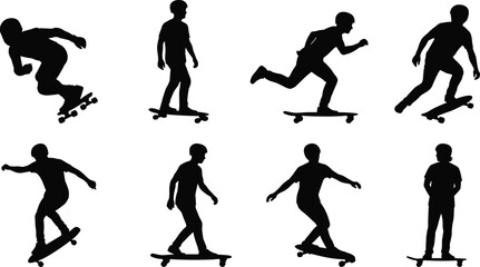 Skateboarder Silhouette Collection with Skateboarding Tricks Riding and Action Poses Vector Set © Mokshad Ali