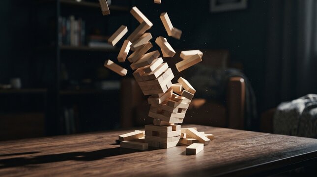 Jenga tower wooden blocks falling on table in dark living room setting  