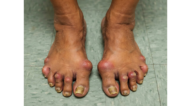 Severe foot deformities with curled toes and thickened nails